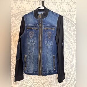 Sugar Skull Denim Jacket with Black Sleeves (Missing a silver stud! See Photo!)
